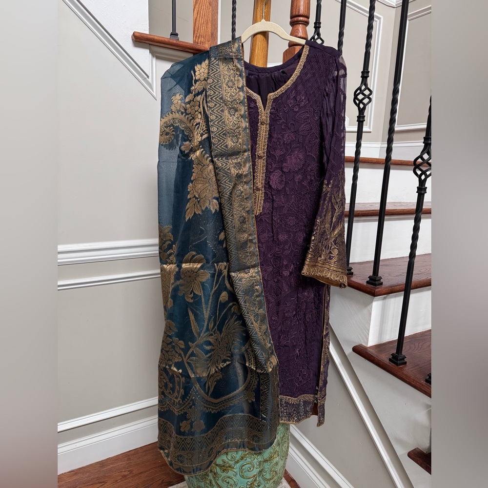 Purple and Gold Embroidered Dress with Scarf